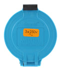 Kickass Heavy Duty Industrial Receptacle With Integrated Switch, IEC 60309 Compliant Power Socket, blue Meltric decontacteur labeled 3Φ 250V.