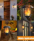 4 Pack Solar Powered Flame Wall Lanterns Outdoor Waterproof Sconce Lights Flickering Led Candles Auto On Off Solid Build Zero Wiring Hassle in various settings.