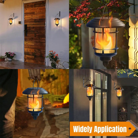 4 Pack Solar Powered Flame Wall Lanterns Outdoor Waterproof Sconce Lights Flickering Led Candles Auto On Off Solid Build Zero Wiring Hassle in various settings.