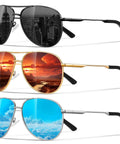 Polarized Aviator Sunglasses For Men And Women With UV Protection For Driving, Fishing, Golf And Outdoor Adventures, shown in three styles.
