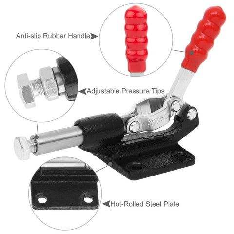 Four Pack 32mm Toggle Clamps With Quick Release, Beefy 500 Lbs Holding Capacity, showing adjustable steel clamp and red handle.