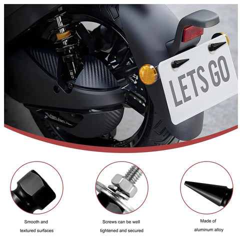 Badass Spike License Plate Screws For Cars, Slick Auto Tag Bolts For Trucks And Suvs, Tight Anti Theft Aluminum Alloy Mounting Hardware, Dope Black Fasteners Four Piece Set on a motorcycle with spiked design.