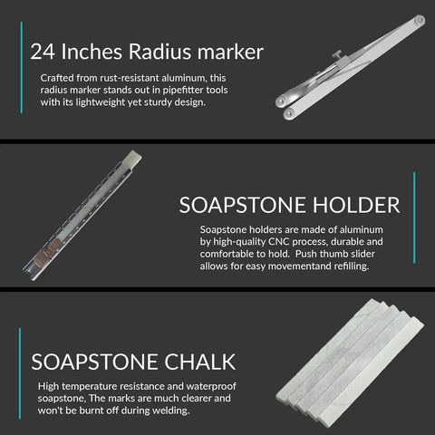 Heavy Duty 24 Inch Contour Radius Marker For Pipe Fitting Jobs Up To 48 Inch Diameter With Rugged Steel Build And Five Soapstones showing soapstone chalk and holder.