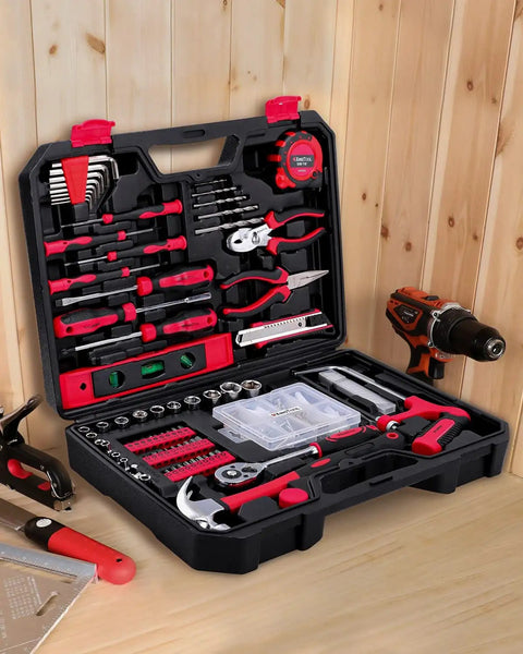 226 Piece Home And Auto Repair Tool Kit With Sturdy Toolbox For DIY Enthusiasts, Homeowners, And Handymen displayed open