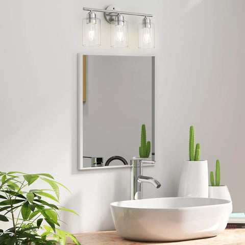 Three Light Brushed Nickel Vanity Light Over Mirror With Glass Shades UL Certified Bathroom Wall Fixture Modern Damp Rated Sconce
