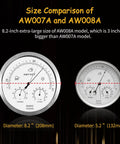Size comparison of 8.2-inch and 5.2-inch Big Five Point Two Inch Dial All In One Weather Station With Barometer Thermometer And Hygrometer For Home Office Boat And Baby Room Mechanical Wall Mount Weather Monitor.