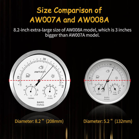 Size comparison of 8.2-inch and 5.2-inch Big Five Point Two Inch Dial All In One Weather Station With Barometer Thermometer And Hygrometer For Home Office Boat And Baby Room Mechanical Wall Mount Weather Monitor.