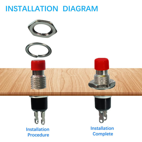 Installation diagram of 30 Pack SPST Momentary Push Button Switches Normally Open 1A 250V AC Two Pin PBS-110 red and black