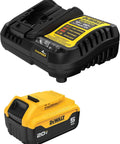 Heavy Duty 20V MAX 5Ah Lithium Ion Battery And Charger Combo Featuring Led Fuel Gauge Zero Memory Loss Lightweight 1.4 Lb Build in black and yellow design.
