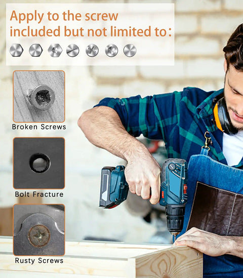 Man using drill with Damaged Screw Extractor Kit 22 Piece Set For Home DIY And Garden Projects Easy Out Stripped Screw Remover
