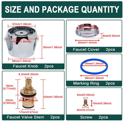 Hot And Cold Faucet Handle Knob Set With Stem Kit showing dimensions of knobs, covers, rings, stems, and screws