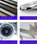 Close-up of various metal panels including stainless steel, aluminum alloy, and aircraft materials, highlighting precision parts.
