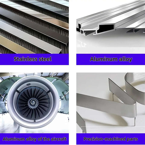 Close-up of various metal panels including stainless steel, aluminum alloy, and aircraft materials, highlighting precision parts.