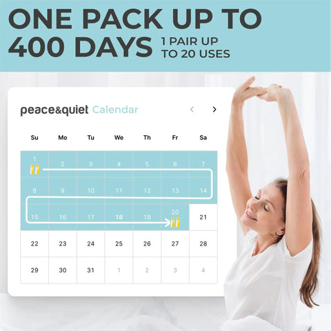 Small Ear Canal Sleep Ear Plugs, 40 Pack Noise Cancelling Ear Plugs, 32 dB Sound Blocking For Snoring displayed with usage calendar and woman stretching