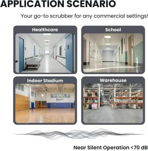 Image showing application scenarios for Micro Ride On Floor Scrubber Dryer Kit 22 Inch Cleaning Path 25 Gallon Capacity Up To 55,000 Sq Ft Per Hour Lithium Battery Fast Charge All Parts Included Go-To Floor Cleaning For Airports Malls And Schools in healthcare, school, indoor stadium, and warehouse settings showcasing its versatility.