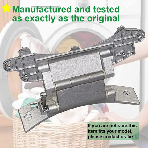 Washer Door Hinge Replacement Part 8183202 with laundry room background, fits multiple front load washers.