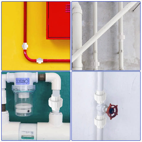 3/4 Inch PVC Pipe Union Fittings Set with female thread couplings installed in various plumbing systems indoors and outdoors.