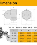 Diagram and dimensions of Acorn Nut Kit 70 Piece Stainless Steel Dome Head Hex Cap Nuts Set 8 32 10 24 1 4 20 5 16 18