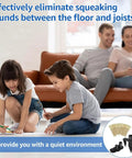 Family enjoying quiet time on floor with Floor Repair Kit With 50 Steel Screws And 5 Tools To Stop Squeaky Floors On Carpets And Hardwood