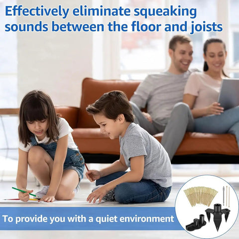Family enjoying quiet time on floor with Floor Repair Kit With 50 Steel Screws And 5 Tools To Stop Squeaky Floors On Carpets And Hardwood