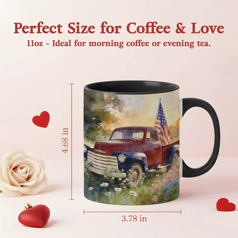 Vintage Americana 11oz Ceramic Coffee Mug With Red Pickup Truck And American Flag Illustration, Rustic Farmhouse Style Cup