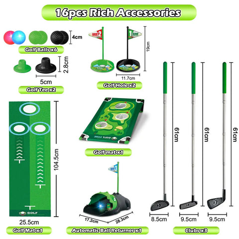 3 In 1 Kids Golf Set With Dinosaur Automatic Returner, Indoor Outdoor Golf Cornhole Board, LED Light Up Balls and accessories