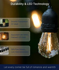 Close-up of 48 Pack LED S14 Replacement Bulbs For Outdoor String Lights, Waterproof E26 Base, 2200K Warm White, Non-Dimmable