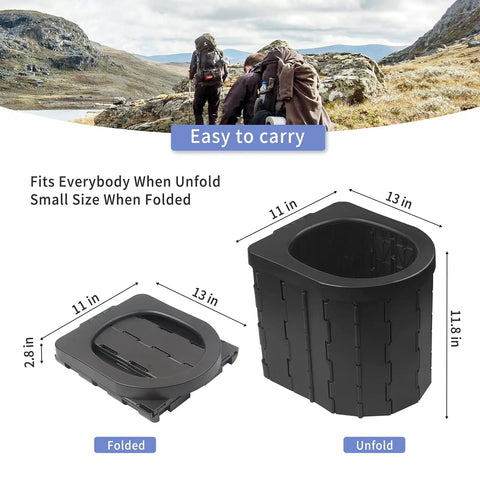 Elongated Portable Toilet For Camping And Travel Home Like Comfort Sturdy Camp Commode folded and unfolded view with dimensions