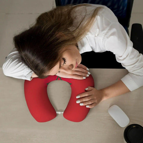 Woman napping with Morocco Flag Print U Shaped Travel Pillow With Slow Rebound Memory Foam Core Cervical Neck Support For Napping On Planes Cars Trains Or At Home Office Super Cozy Soft Polyester Comfort For Travel Lovers on desk