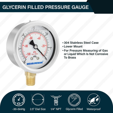 Measureman glycerin-filled pressure gauge, 2.5-inch dial, stainless steel case, brass internals, 1/4 in NPT lower mount