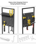 Heavy Duty Garage Tool Cart With Charging Station And Built In Organizer All In One Pro Grade Rolling Tool Storage With Eight Outlet Power Strip Four Wheels Two Hanging Baskets Eight Hooks Drill Bit Holder Black Finish, showing side hanging baskets and hooks with tools.