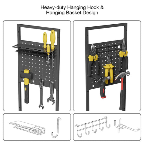 Heavy Duty Garage Tool Cart With Charging Station And Built In Organizer All In One Pro Grade Rolling Tool Storage With Eight Outlet Power Strip Four Wheels Two Hanging Baskets Eight Hooks Drill Bit Holder Black Finish, showing side hanging baskets and hooks with tools.