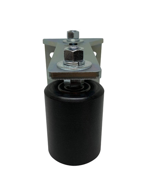 Slide Gate Guide Post Rollers 3 Inch Black L Bracket Rear Mount With Dual Hard Nylon Rollers, front view of roller assembly