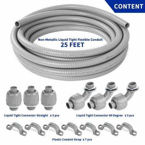 Flexible Liquid Tight PVC Electrical Conduit Kit 1/2-Inch Diameter, 25 Feet, Non-Metallic Grey with connectors and straps