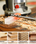 SpeTool spiral down-cut router bit, 1/4 in diameter with 1/4 in shank, solid carbide on workbench.