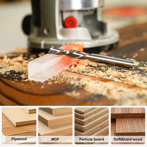 SpeTool spiral down-cut router bit, 1/4 in diameter with 1/4 in shank, solid carbide on workbench.