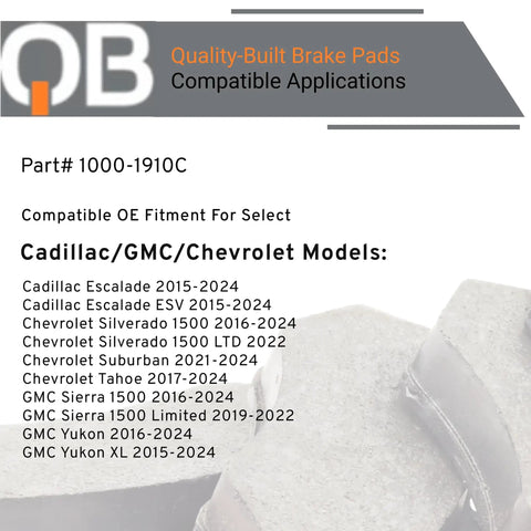 Catalog for Budget Friendly Front Ceramic Brake Pads QB 1000-1910C for Cadillac Chevrolet GMC SUVs