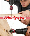 Man using a drill with the 9 Piece Countersink Drill Bits Set With 82 Degree Countersinks on a wooden board, close-up view.