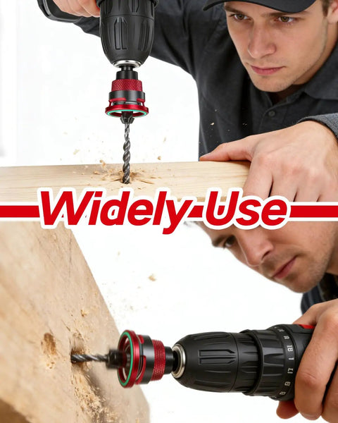 Man using a drill with the 9 Piece Countersink Drill Bits Set With 82 Degree Countersinks on a wooden board, close-up view.