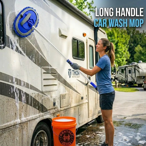 Woman cleaning RV with 62 Inch Car Wash Brush Kit With Long Reach Handle And Chenille Microfiber Mop Mitt, Scratch Free Detailing