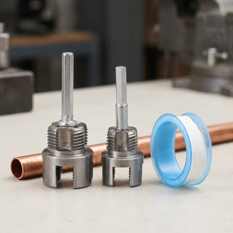 Dual Function External Pipe Threading Tool For PVC And Stainless Steel Pipes, One Half Inch And Three Quarter Inch Threader, Includes Seal Tape, Stable Cutting For DIY Home Plumbing Renovation And Construction Sites, Electric Drill Compatible. shown with 1/2 and 3/4 threading heads and seal tape