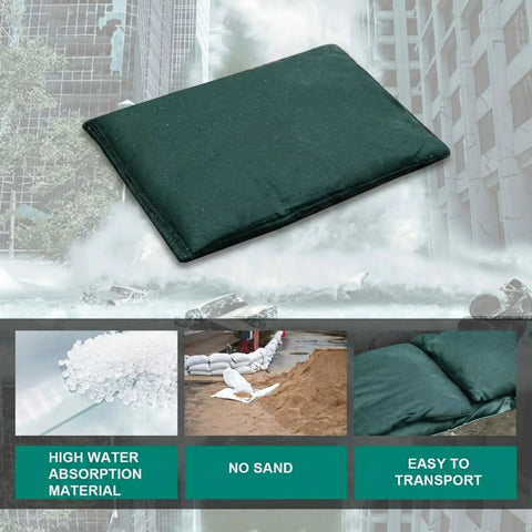 5 Pack Flood Barrier Bags 16x24 Inches For Quick Water Control displayed with high water absorption and easy transport features.