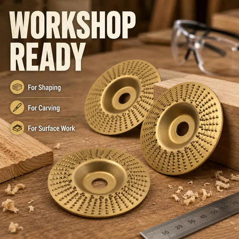 Three Piece Angle Grinder Polishing Pad Kit For Wood Sanding And Finishing With Flat Beveled Curved Grooved Discs workshop view