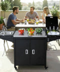Outdoor Grill Cart With Sink And Built In Cold Drink Fridge, 304 Stainless Steel Prep Island On Wheels, with salad and drinks.