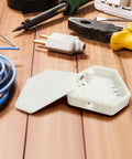 Openable DIY Junction Box For Branch Wire Splices, Three-Wire Electrical Enclosure With Cover, White Plastic Splice Box Kit, No-Hassle Insulated Wire Repair Box Set Of 3, Easy Access, Durable, Easy Install, open white plastic box on wood table