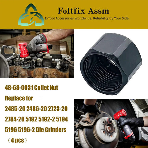 One Quarter Inch Collet Nut Replacement For Die Grinders And Sanders, Four Pack next to tool use displays and product details.