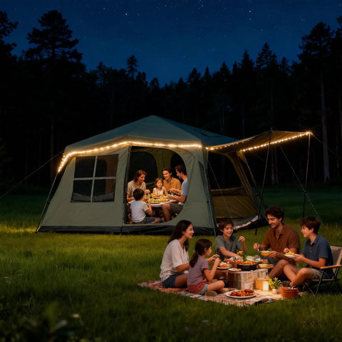 Family Cabin Tent For 6-8 With Porch And 2 Rooms, Waterproof Glamping Tent, 3 Doors, Tall And Spacious set up at night in a field