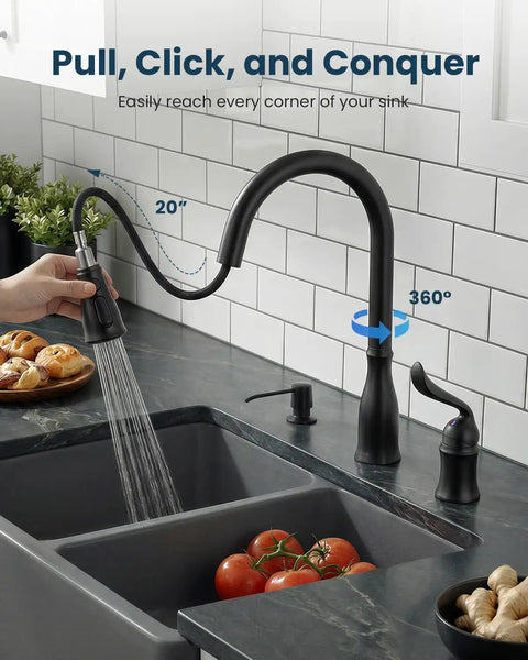 3 Hole Matte Black Kitchen Faucet With Pull Down Sprayer, Soap Dispenser, And Separate Handle, Super Handy Deck Mount Sink Faucet For Modern Kitchens, Durable And Easy To Install
