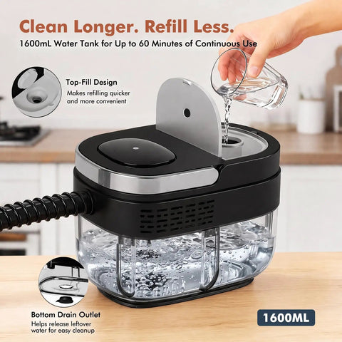 Heyvtoryin 2500W Steam Cleaner For Home With 1.6L Tank, top-fill design, and 1600ML water tank for quick refilling.
