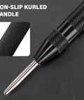 Close-up of Heavy Duty Automatic Center Punch Featuring Adjustable Spring Tension And Anti Slip Knurled Grip With Steel Tip.